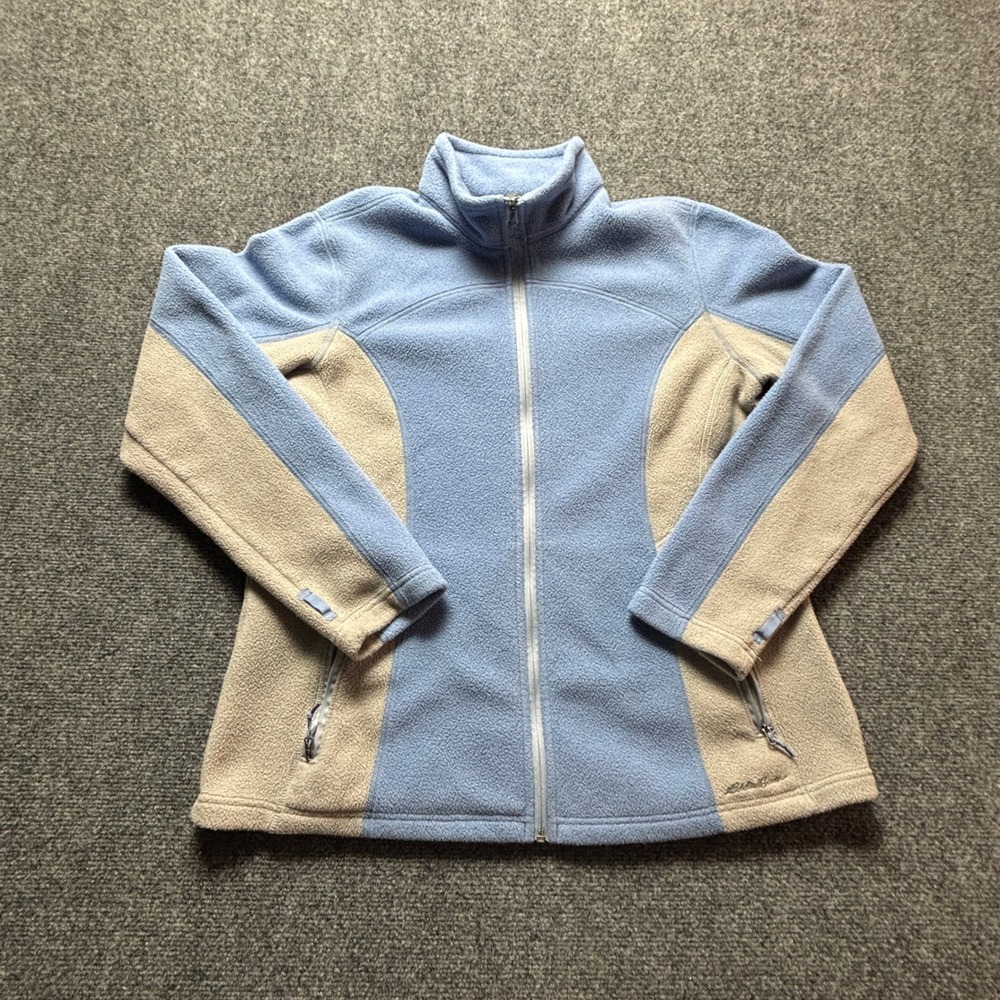 Eddie Bauer Womens XL Fleece Jacket Polartec Blue‎ Tan Colorblock Zip Mock Neck
